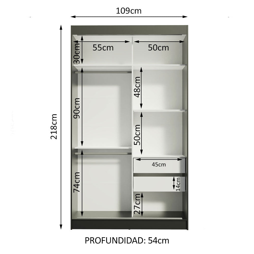 Closet Tokio Negro y Blanco 109x218cm con Dos Cajones y con Cinco Entrepaños - CLOSETS | Bylmo