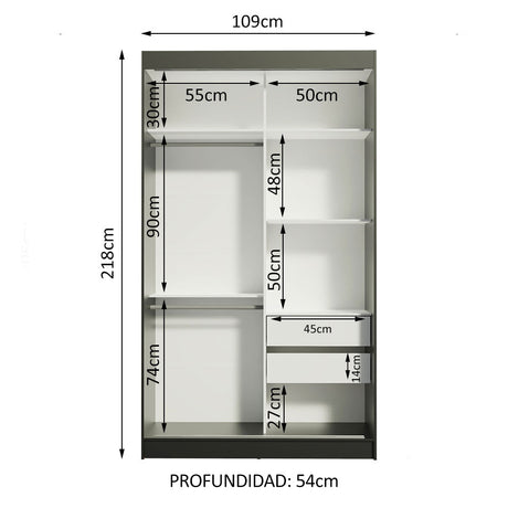 Closet Tokio Negro y Blanco 109x218cm con Dos Cajones y con Cinco Entrepaños - CLOSETS | Bylmo