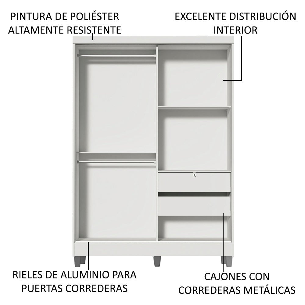 Closet Luke Blanco 120x192cm con Espejo con Dos Cajones y con Tres Entrepaños - CLOSETS | Bylmo