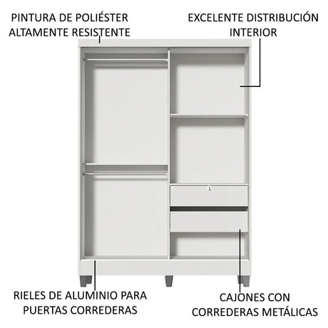 Closet Luke Blanco 120x192cm con Espejo con Dos Cajones y con Tres Entrepaños - CLOSETS | Bylmo
