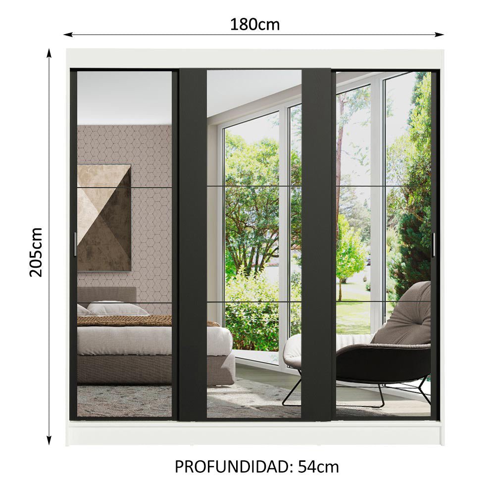 Closet Reno Blanco y Negro 180x205cm con Espejo con Cuatro Cajones y con Seis Entrepaños - CLOSETS | Bylmo