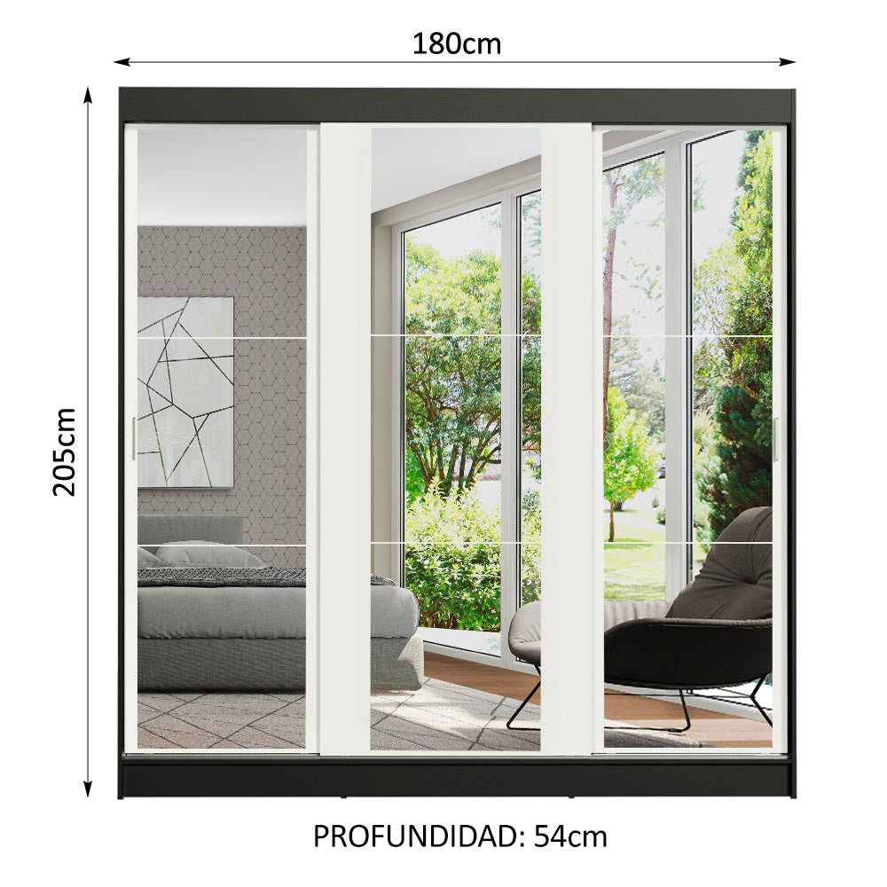 Closet Reno Negro y Blanco 180x205cm con Espejo con Cuatro Cajones y con Seis Entrepaños - CLOSETS | Bylmo