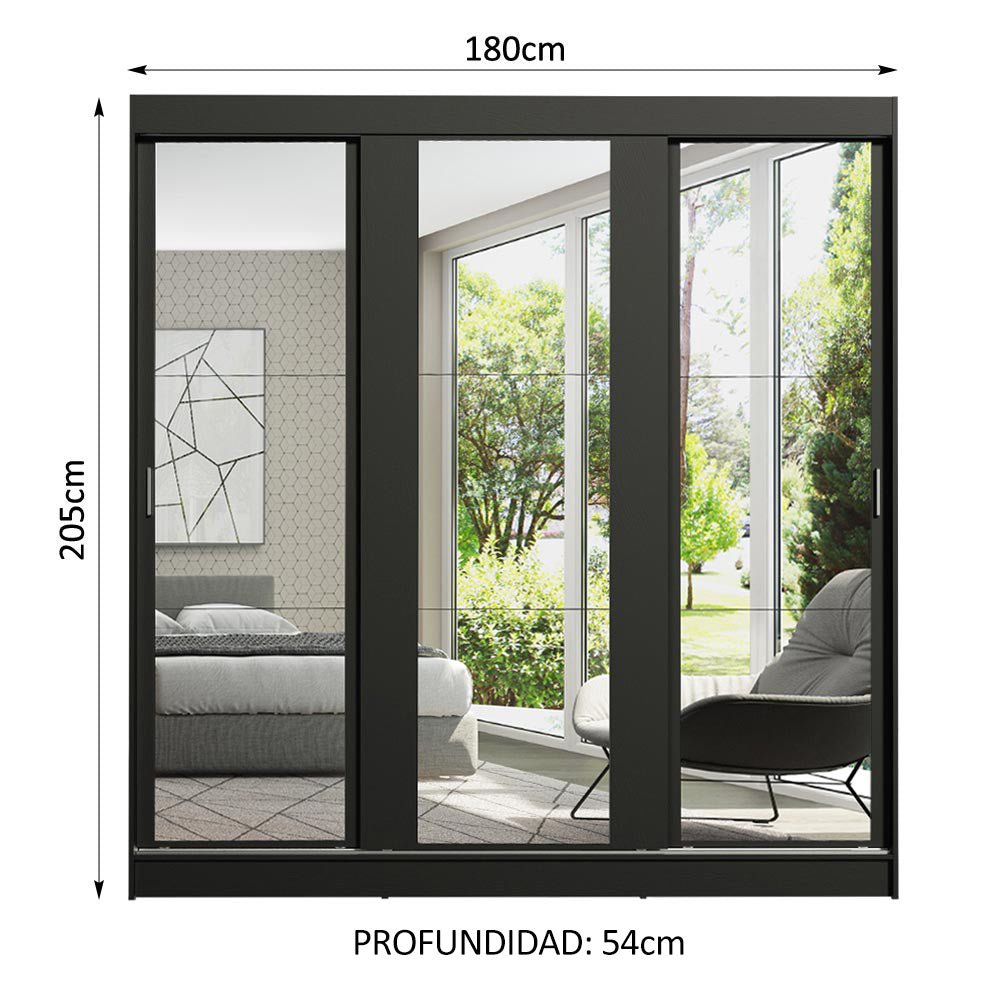 Closet Reno Negro 180x205cm con Espejo con Cuatro Cajones y con Seis Entrepaños - CLOSETS | Bylmo