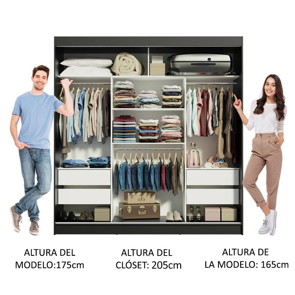Closet Reno Negro y Marron 180x205cm con Un Espejo con Cuatro Cajones y con Seis Entrepaños - CLOSETS | Bylmo