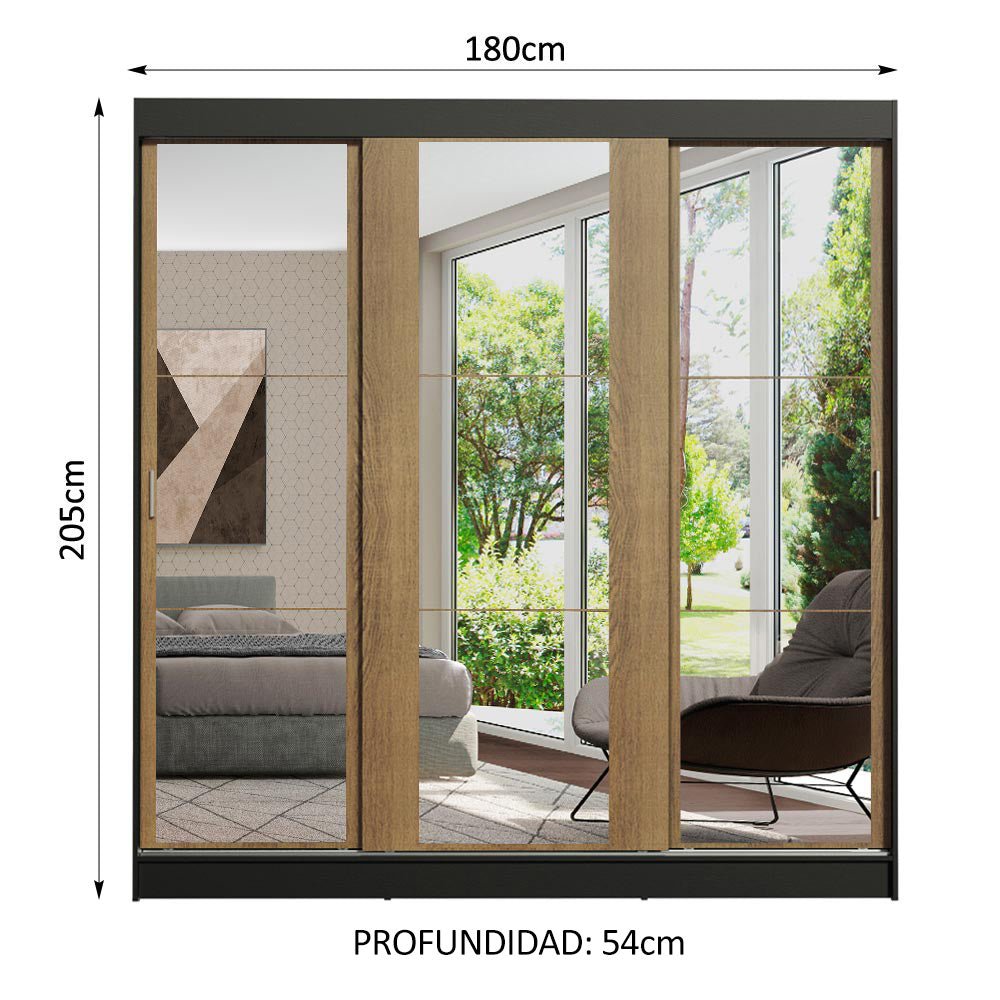 Closet Reno Negro y Marron 180x205cm con Espejo con Cuatro Cajones y con Seis Entrepaños - CLOSETS | Bylmo