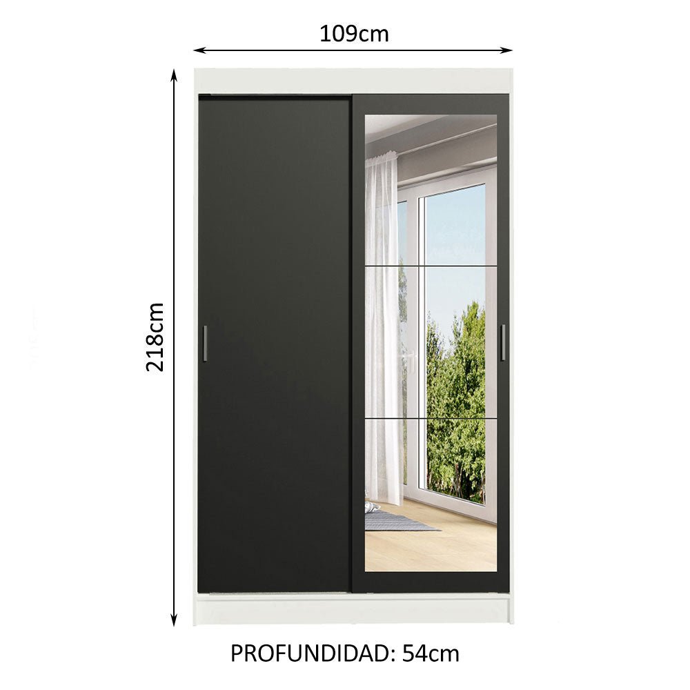 Closet Tokio Blanco y Negro 109x218cm con Espejo con Dos Cajones y con Cinco Entrepaños - CLOSETS | Bylmo