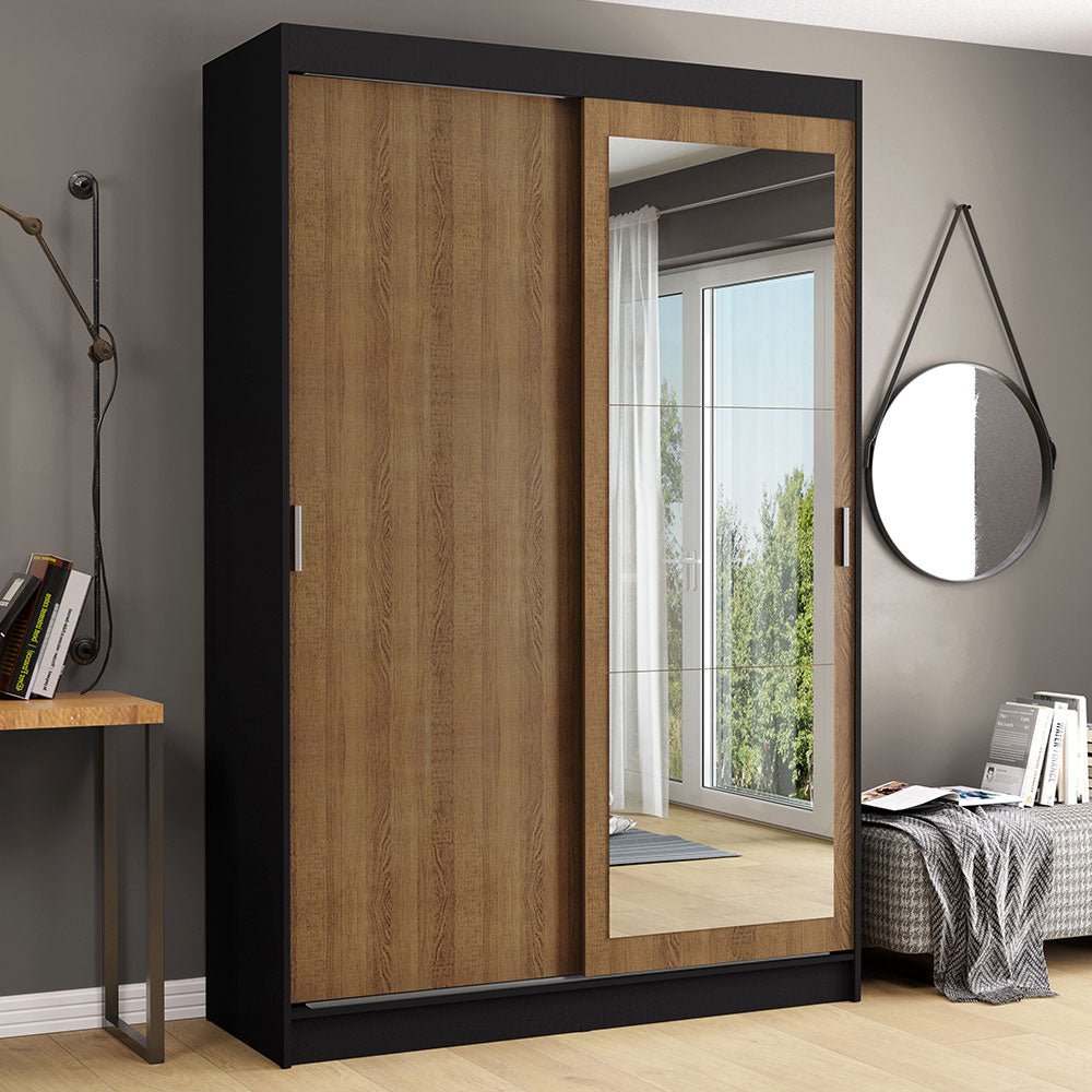 Closet Tokio Negro y Marron 109x218cm con Espejo con Dos Cajones Cinco Entrepaños y Siete Compartimientos - CLOSETS | Bylmo