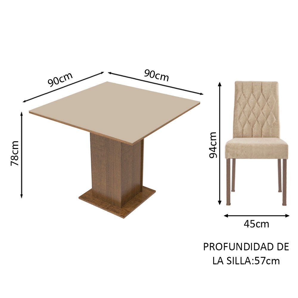 Comedor Livia Marron y Crema 90x78cm Cuadrado de 4 Puestos con 4 Sillas - COMEDORES | Bylmo