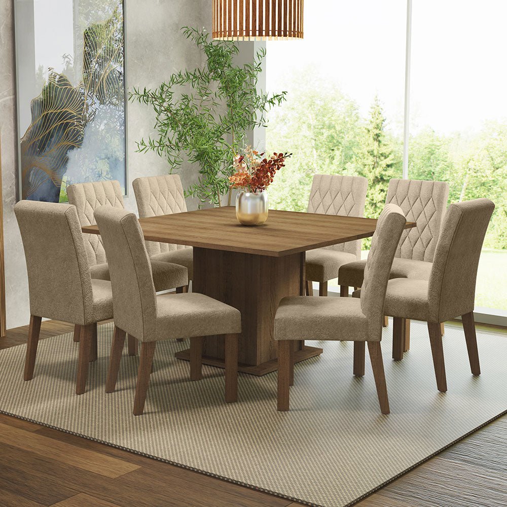 Comedor Leila Marron y Beige 136x77cm Cuadrado de 8 Puestos con 8 Sillas - COMEDORES | Bylmo