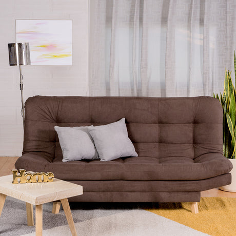 Sofá Cama Valencia Chocolate 180x85cm De Tres Puestos Antifluido con Patas y Dos Cojines Decorativos - SOFAS Y POLTRONAS | Bylmo