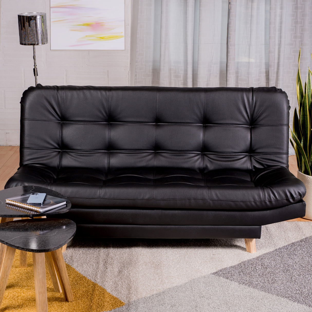 Sofá Cama Valencia Negro Sintético 180x85cm De Tres Puestos Antifluido con Patas y Dos Cojines Decorativos - SOFAS Y POLTRONAS | Bylmo