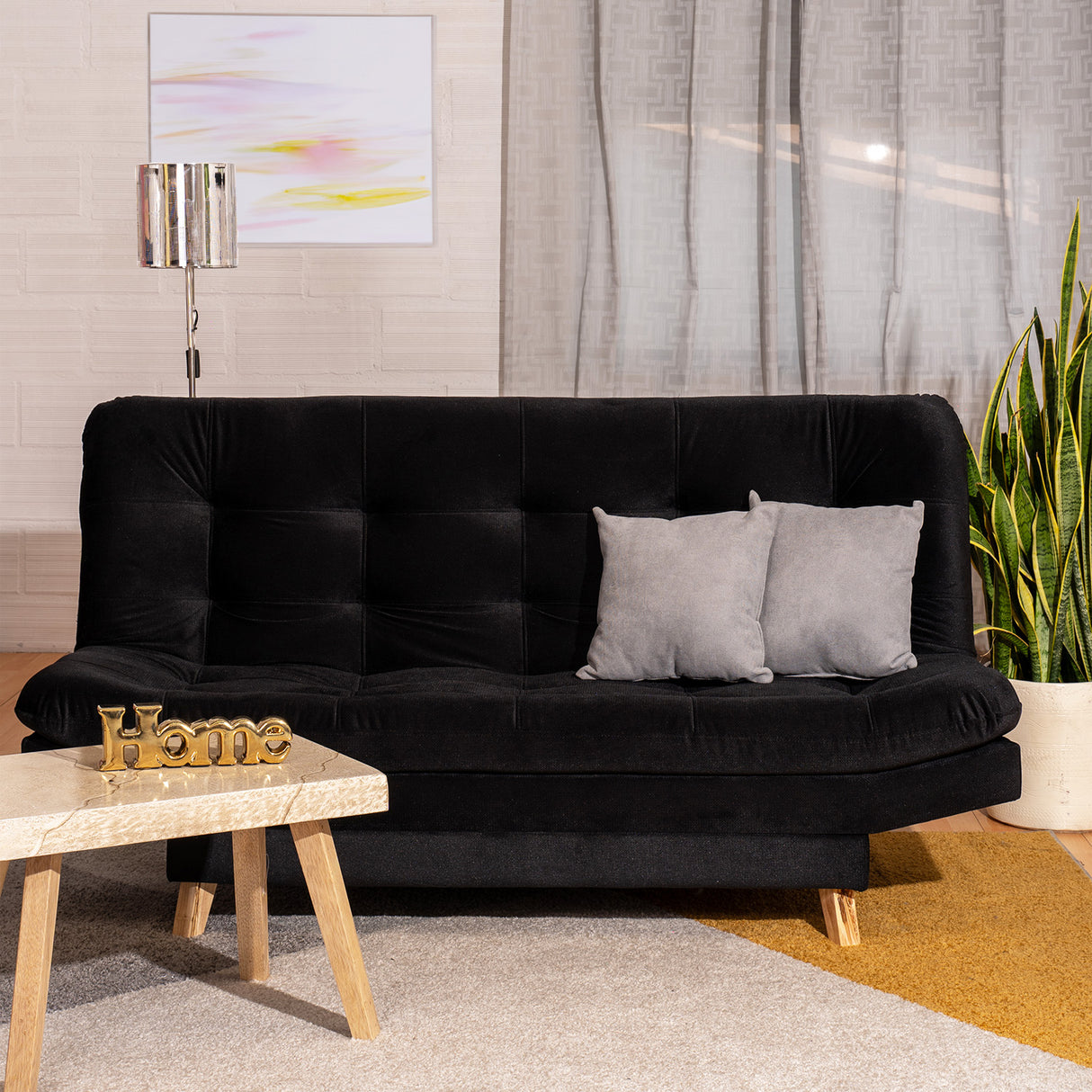 Sofá Cama Valencia Negro 180x85cm De Tres Puestos Antifluido con Patas y Dos Cojines Decorativos - SOFAS Y POLTRONAS | Bylmo