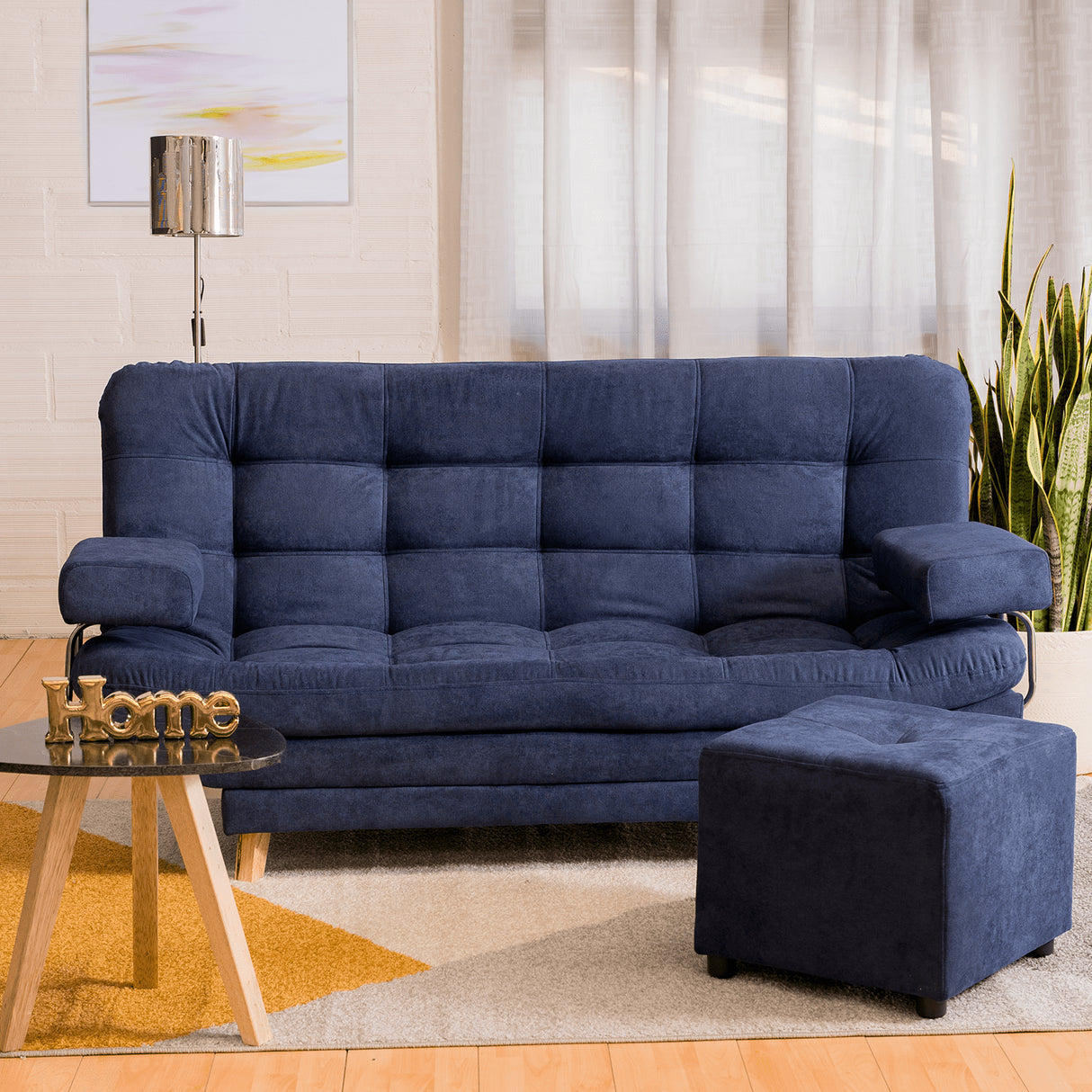 Combo Sofá Cama y Puff Valencia Azul 180x85cm De Tres Puestos Antifluido con Patas - SOFAS Y POLTRONAS | Bylmo