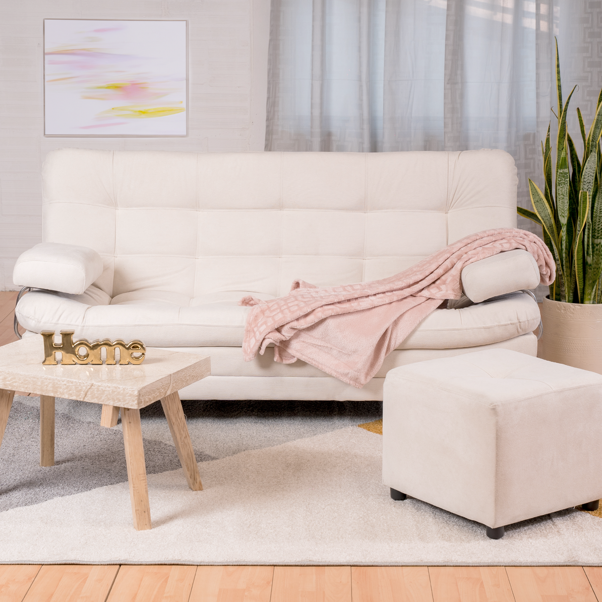 Combo Sofá Cama y Puff Valencia Marfil 180x85cm De Tres Puestos Antifluido con Patas - SOFAS Y POLTRONAS | Bylmo