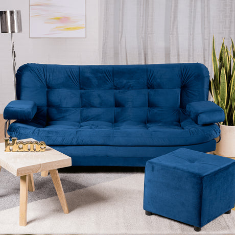 Combo Sofá Cama y Puff Valencia Azul Petróleo 180x85cm De Tres Puestos Antifluido con Patas - SOFAS Y POLTRONAS | Bylmo