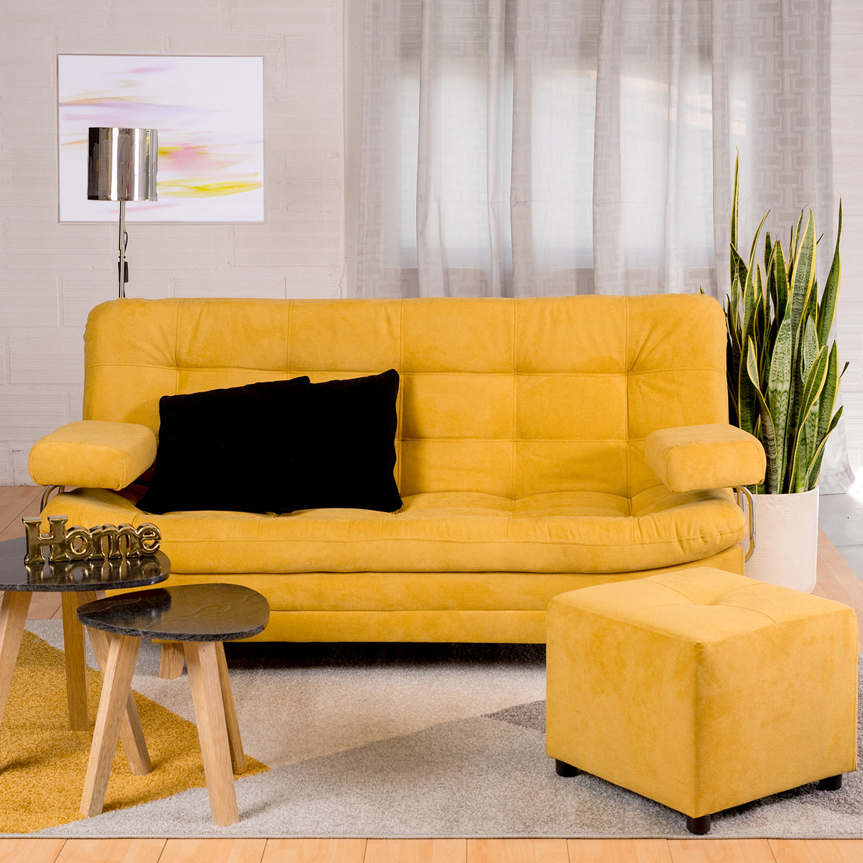 Combo Sofá Cama y Puff Valencia Mostaza 180x85cm De Tres Puestos Antifluido con Patas - SOFAS Y POLTRONAS | Bylmo