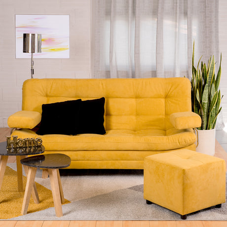 Combo Sofá Cama y Puff Valencia Mostaza 180x85cm De Tres Puestos Antifluido con Patas - SOFAS Y POLTRONAS | Bylmo