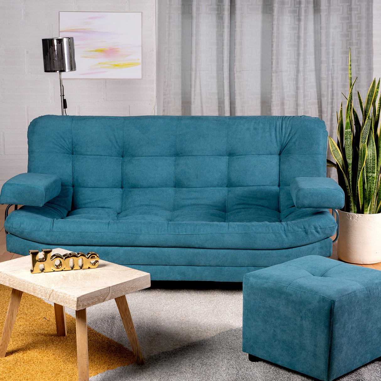 Combo Sofá Cama y Puff Valencia Azul Aguamarina 180x85cm De Tres Puestos Antifluido con Patas - SOFAS Y POLTRONAS | Bylmo