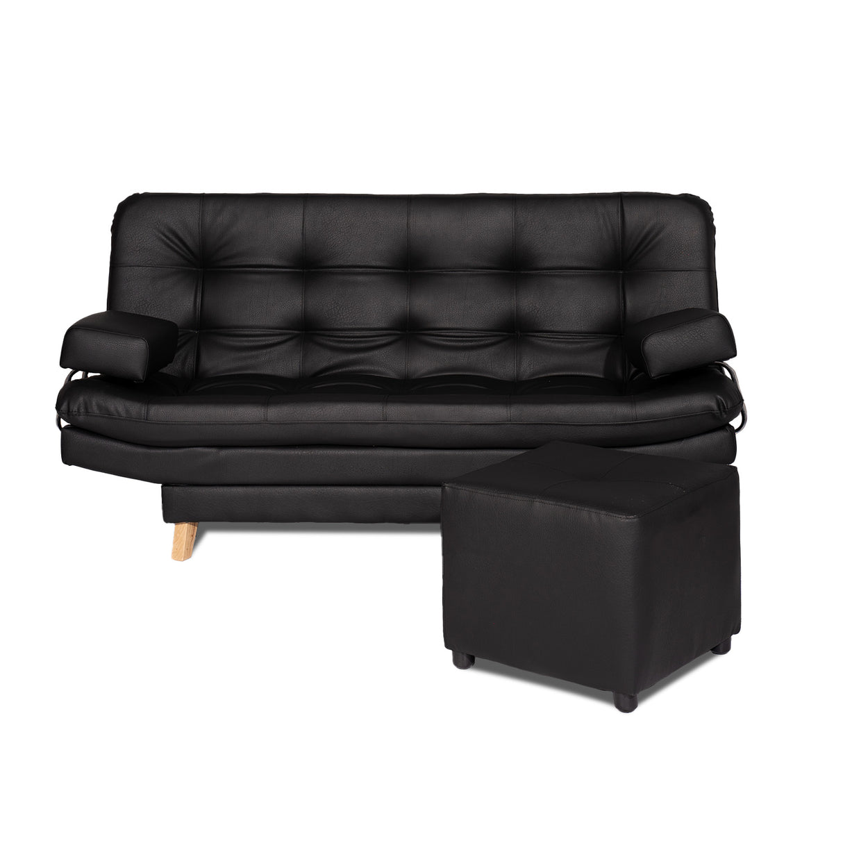 Combo Sofá Cama y Puff Valencia Negro Sintético 180x85cm De Tres Puestos Antifluido con Patas - SOFAS Y POLTRONAS | Bylmo