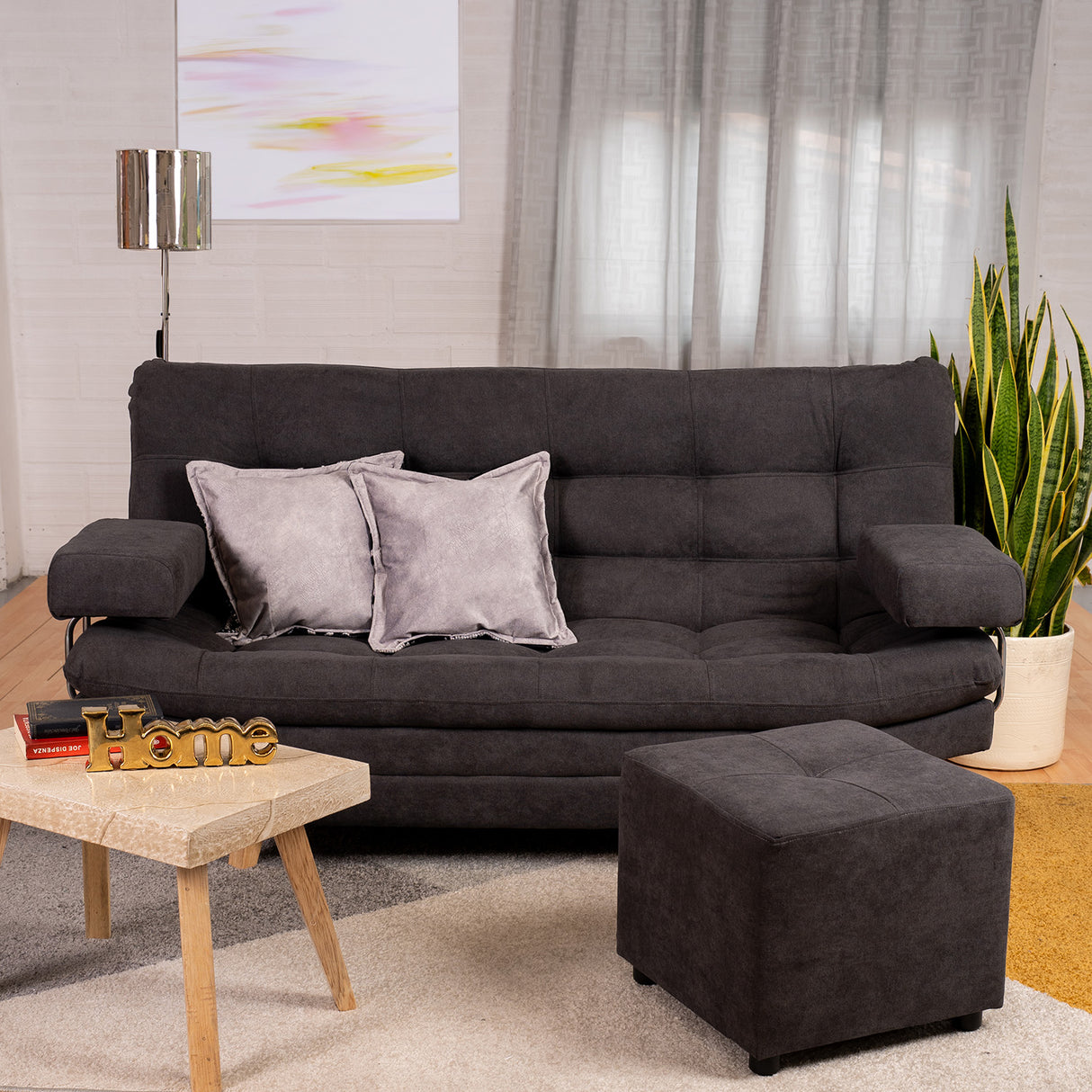 Combo Sofá Cama y Puff Valencia Gris 180x85cm De Tres Puestos Antifluido con Patas - SOFAS Y POLTRONAS | Bylmo