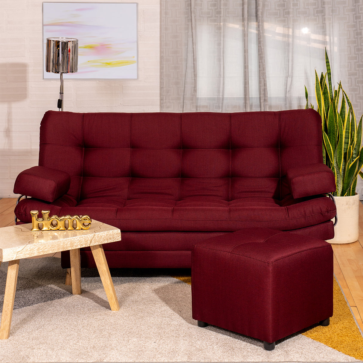 Combo Sofá Cama y Puff Valencia Vinotinto 180x85cm De Tres Puestos Antifluido con Patas - SOFAS Y POLTRONAS | Bylmo
