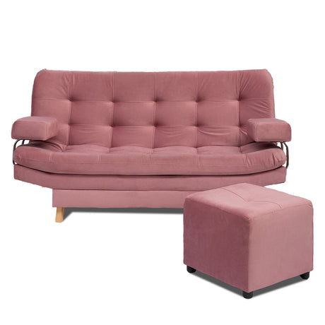Combo Sofá Cama y Puff Valencia Rosa 180x85cm De Tres Puestos Antifluido con Patas - SOFAS Y POLTRONAS | Bylmo