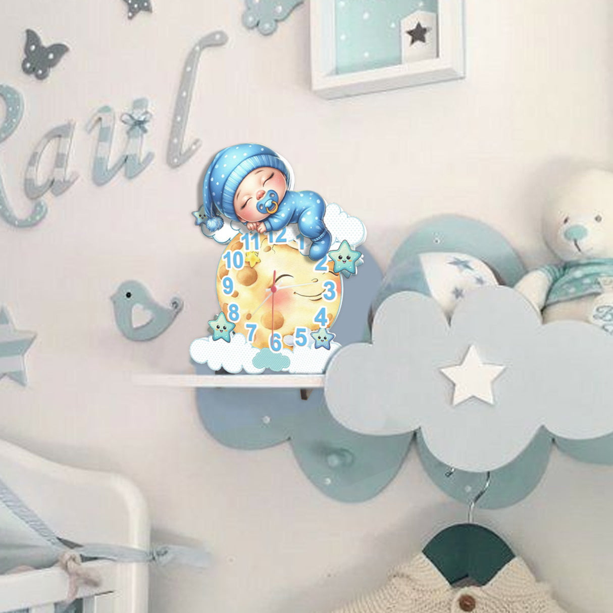 Reloj de Pared Kids Luna Boy Azul y Amarillo 28.6x36.4cm Irregular Analogo de Baterias - RELOJES | Bylmo