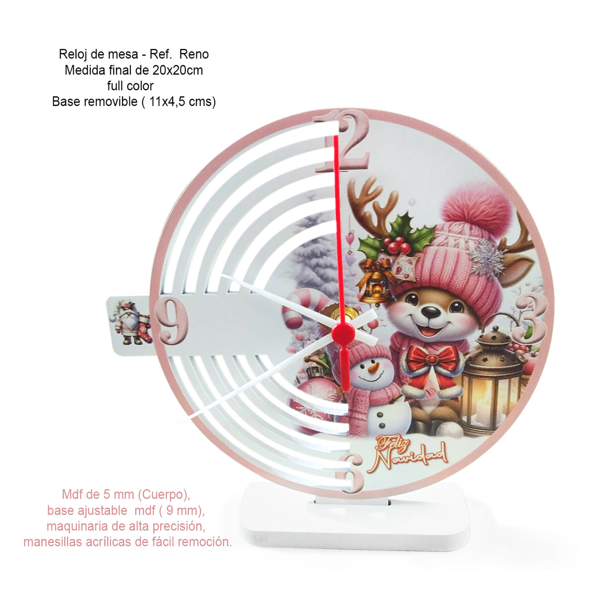 Reloj de Mesa Reno Rojo y Blanco 20x20cm Circular Analogo de Baterias - RELOJES | Bylmo