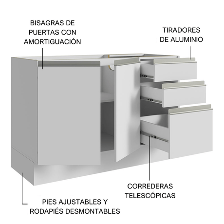 Mueble para Lavamanos Blanco 120x81cm Individual Sin Lavamanos con Patas y Tres Cajones - MUEBLES PARA LAVAMANOS | Bylmo