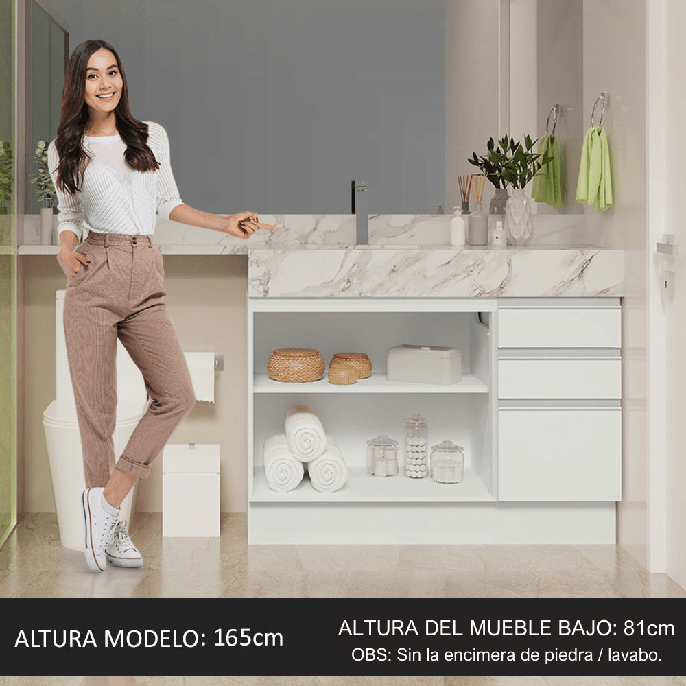 Mueble para Lavamanos Blanco 120x81cm Individual Sin Lavamanos con Patas y Tres Cajones - MUEBLES PARA LAVAMANOS | Bylmo