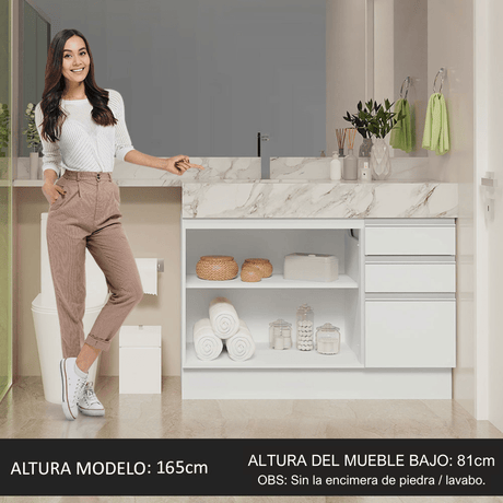 Mueble para Lavamanos Blanco 120x81cm Individual Sin Lavamanos con Patas y Tres Cajones - MUEBLES PARA LAVAMANOS | Bylmo