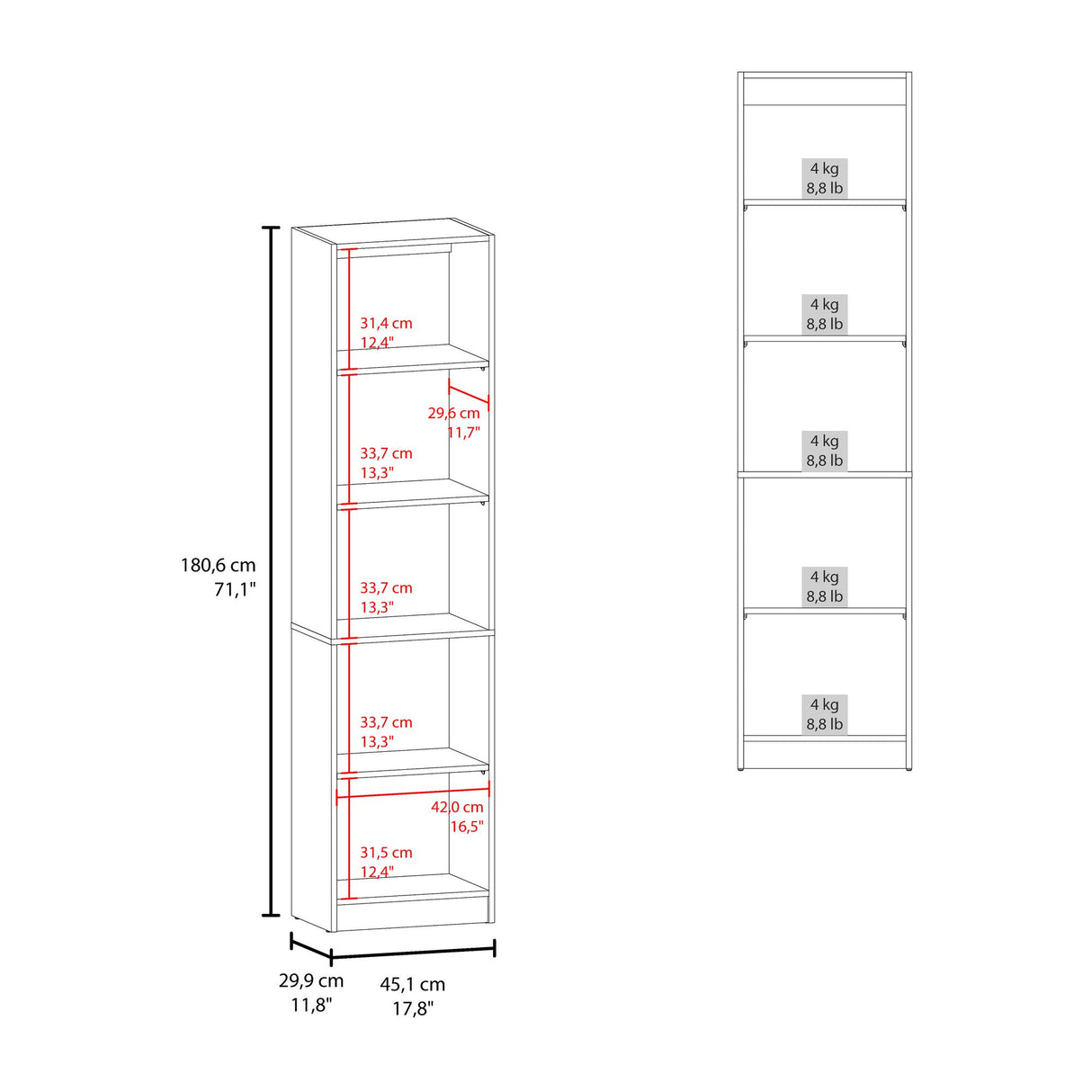 Estantería Home Nogal 45x180.6cm Rectangular con Cuatro Entrepaños - BIBLIOTECAS Y ESTANTERIAS | Bylmo