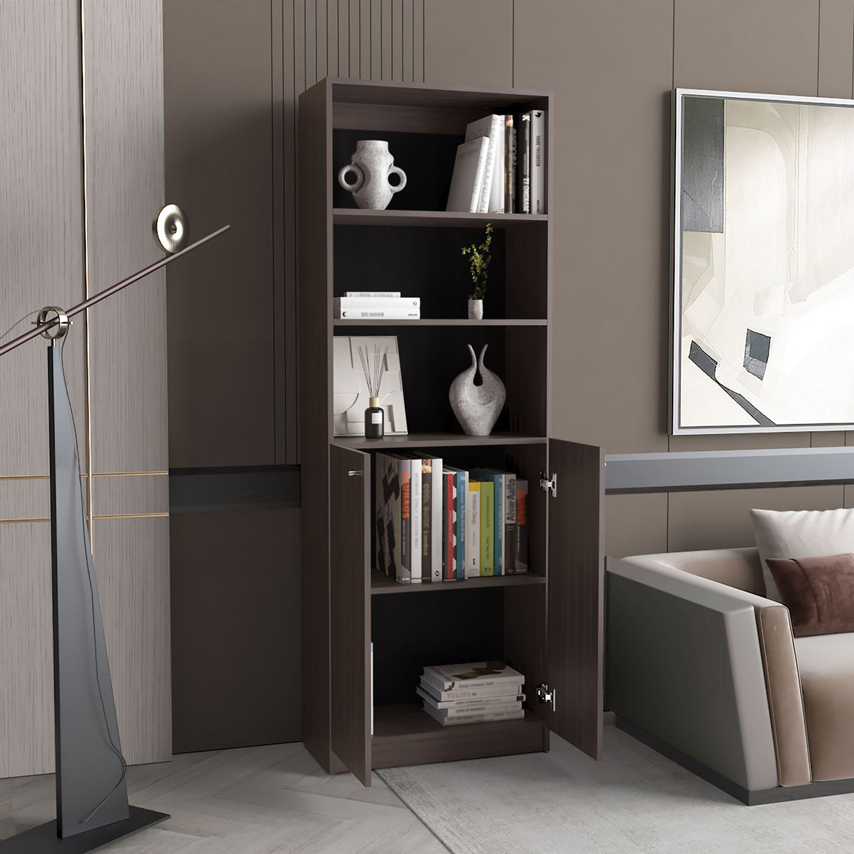 Estantería Home Nogal 62.8x180.6cm Rectangular con Tres Entrepaños y Dos Puertas - BIBLIOTECAS Y ESTANTERIAS | Bylmo