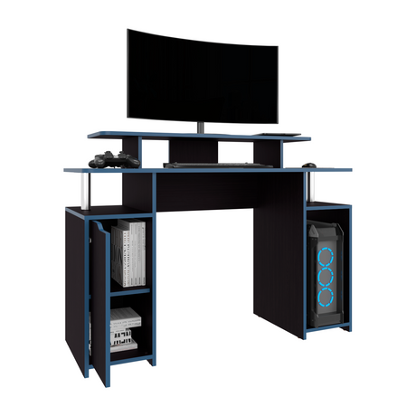 Escritorio Gamer Keria Wengue y Azul 120x88.5cm sin Cajones y con Organizador de Libros - ESCRITORIOS | Bylmo
