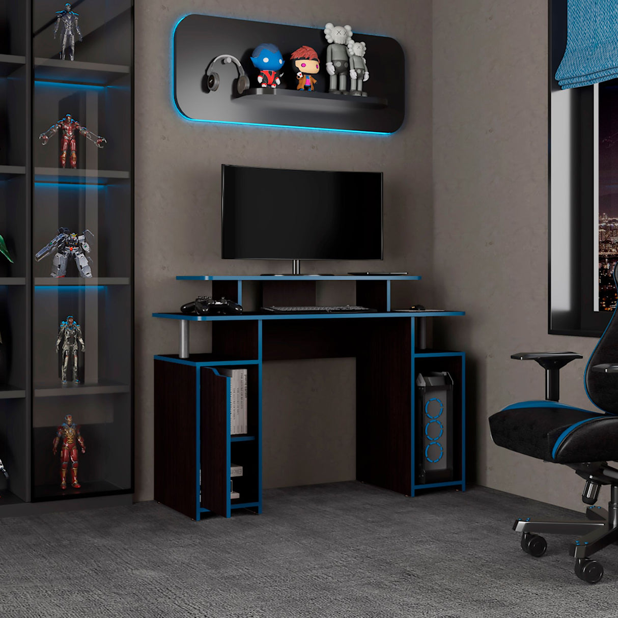 Escritorio Gamer Keria Wengue y Azul 120x88.5cm sin Cajones y con Organizador de Libros - ESCRITORIOS | Bylmo