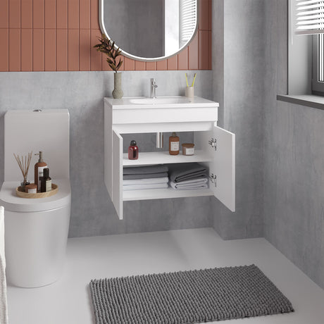 Mueble para Lavamanos Individual Chaux Blanco 59x50cm Flotante con Lavamanos de Sobreponer con Dos Puertas - MUEBLES PARA LAVAMANOS | Bylmo