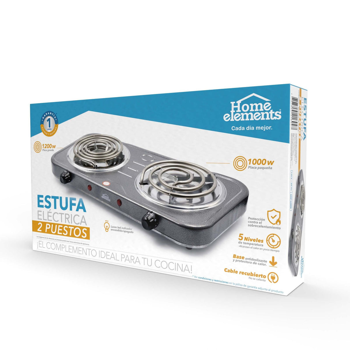 Estufa Eléctrica Gris 21x6cm de Dos Quemadores con Cinco Niveles de Temperatura - ESTUFAS | Bylmo