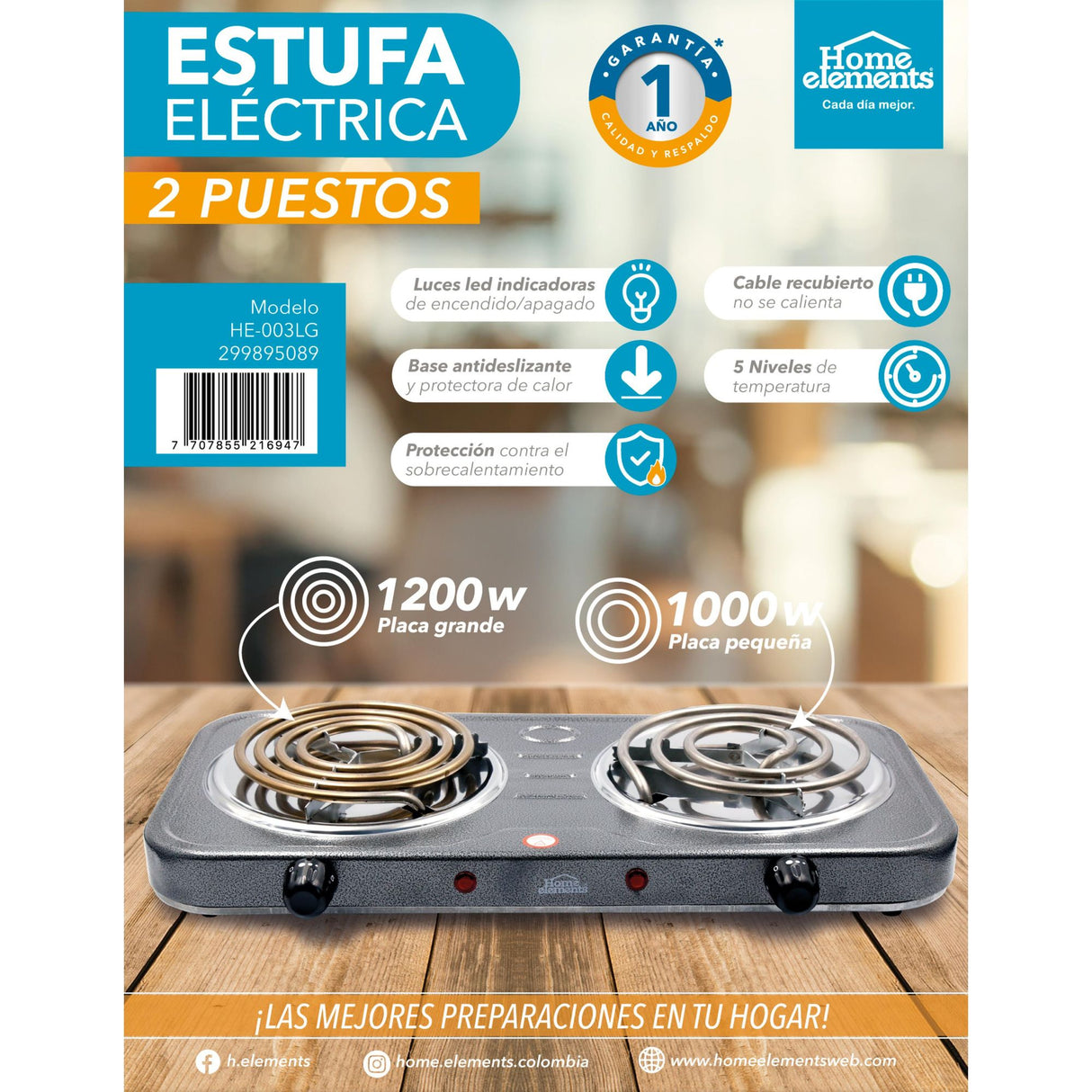 Estufa Eléctrica Gris 21x6cm de Dos Quemadores con Cinco Niveles de Temperatura - ESTUFAS | Bylmo