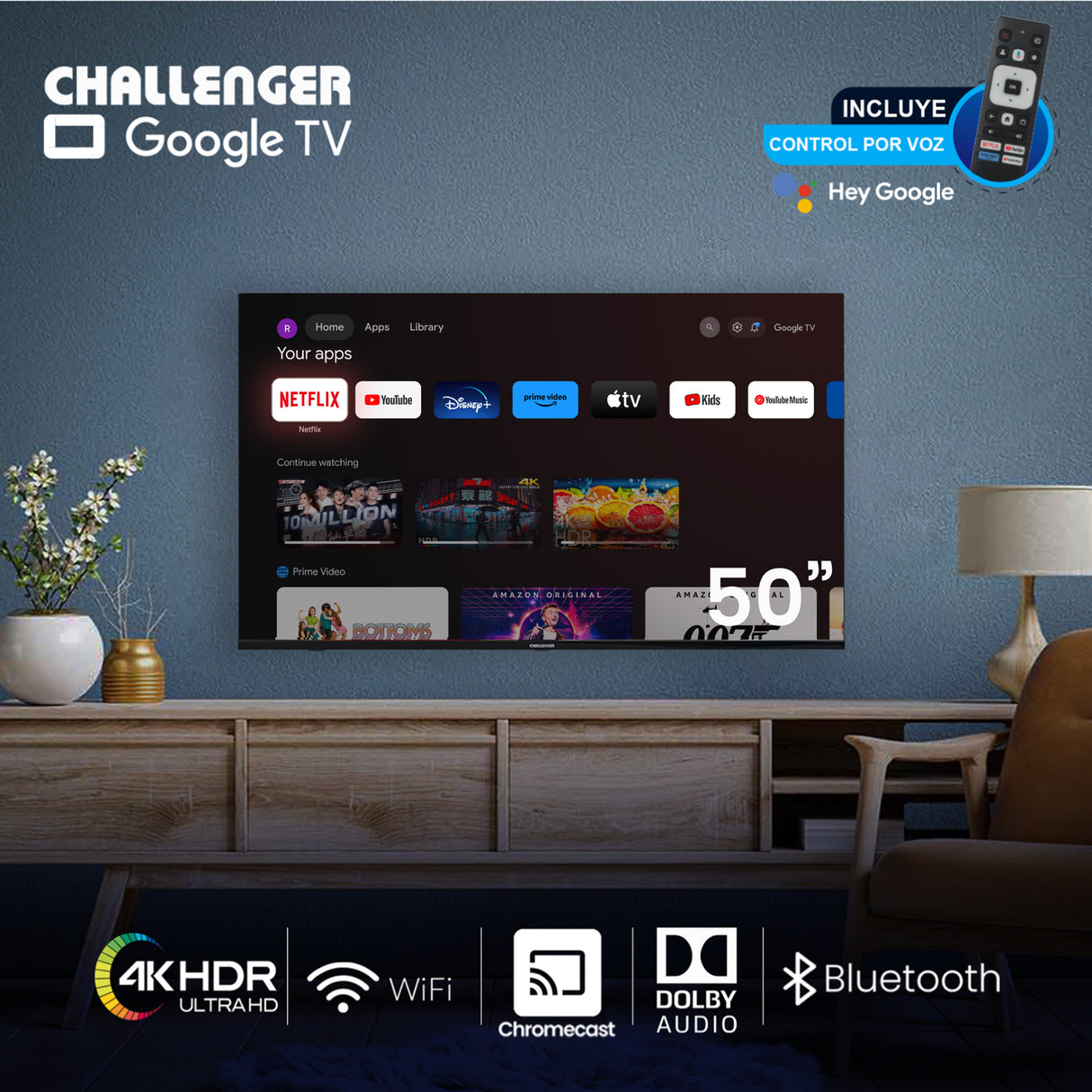 Televisor Challenger Led Smart Google 111.2x64.2cm De 50 Pulgadas 4k 2160p Con Wifi Integrado Y Con Bluetooth - TELEVISORES | Bylmo