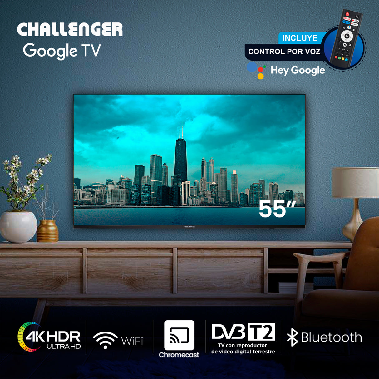 Televisor Led Smart Google 122.6x72.5cm de 55 Pulgadas 4K 2160P Con Wifi Integrado y Con Bluetooth - TELEVISORES | Bylmo
