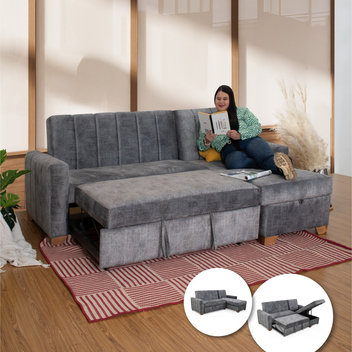Sofá Cama Izquierdo Apolo Gris 220x92cm De Tres Puestos Reclinable Con Apoya Brazos y con Almacenamiento
