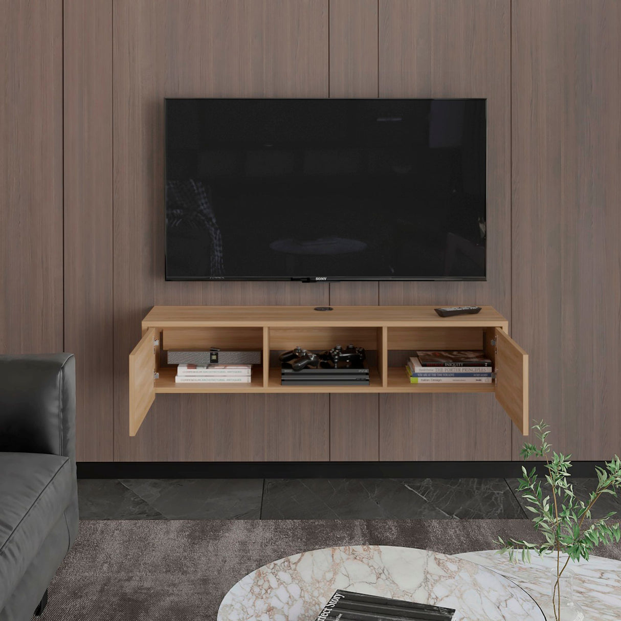 Repisa para TV Flotante Glen Fresno Europeo 125.1x26.8cm para TV Hasta 50 Pulgadas sin Cajones y con Ranuras para Cables - MUEBLES DE TV | Bylmo