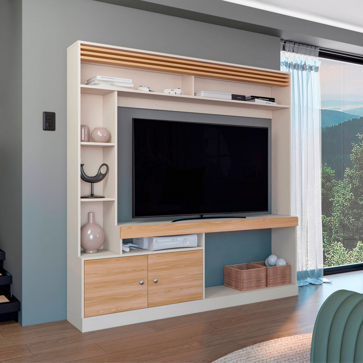 Centro de Entretenimiento Blaine Capri y Fresno Europeo 180x180.6cm para TV Hasta 70 Pulgadas sin Cajones - MUEBLES DE TV | Bylmo