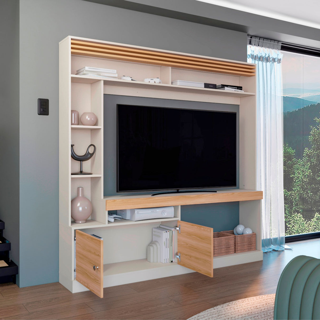 Centro de Entretenimiento Blaine Capri y Fresno Europeo 180x180.6cm para TV Hasta 70 Pulgadas sin Cajones - MUEBLES DE TV | Bylmo