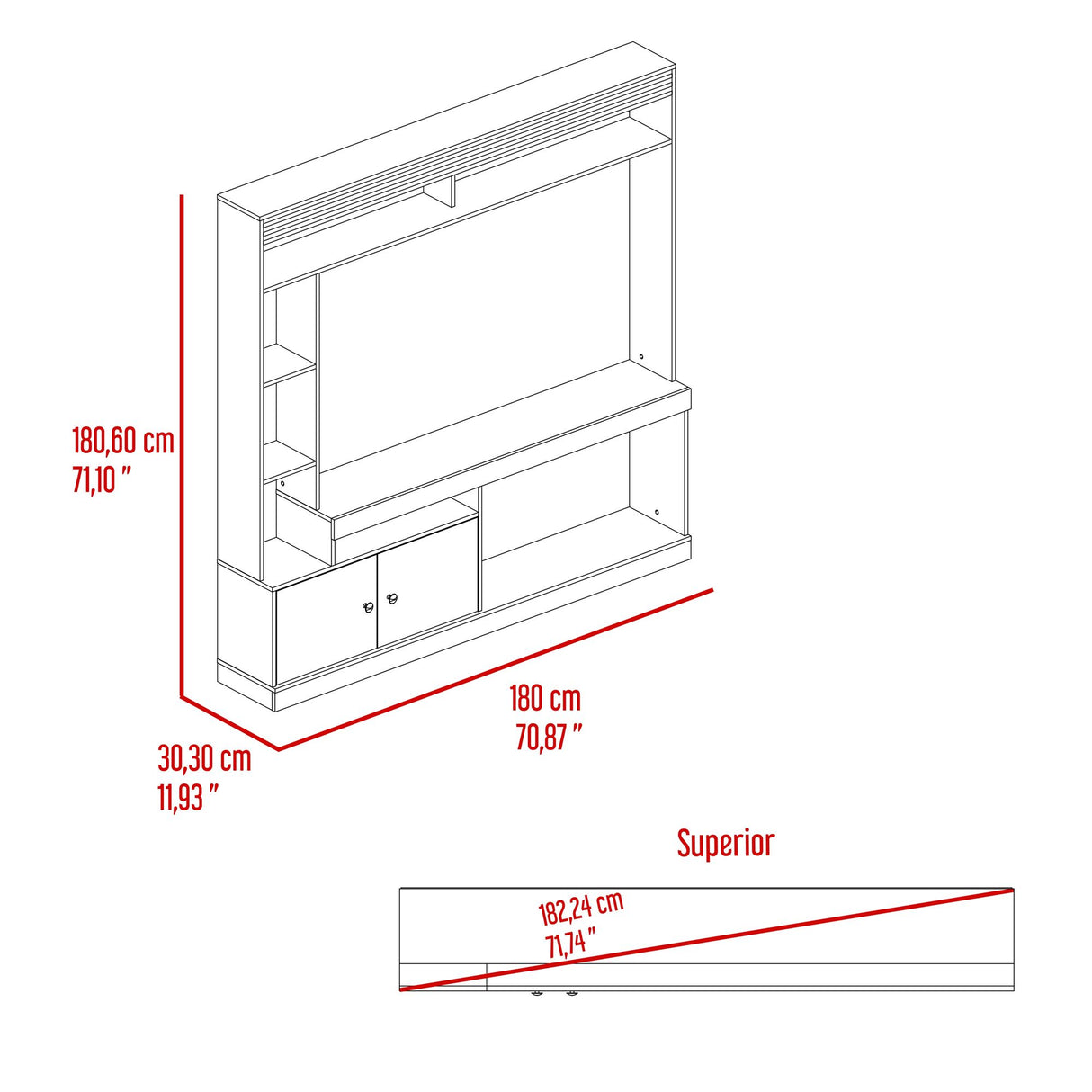 Centro de Entretenimiento Blaine Capri y Fresno Europeo 180x180.6cm para TV Hasta 70 Pulgadas sin Cajones - MUEBLES DE TV | Bylmo