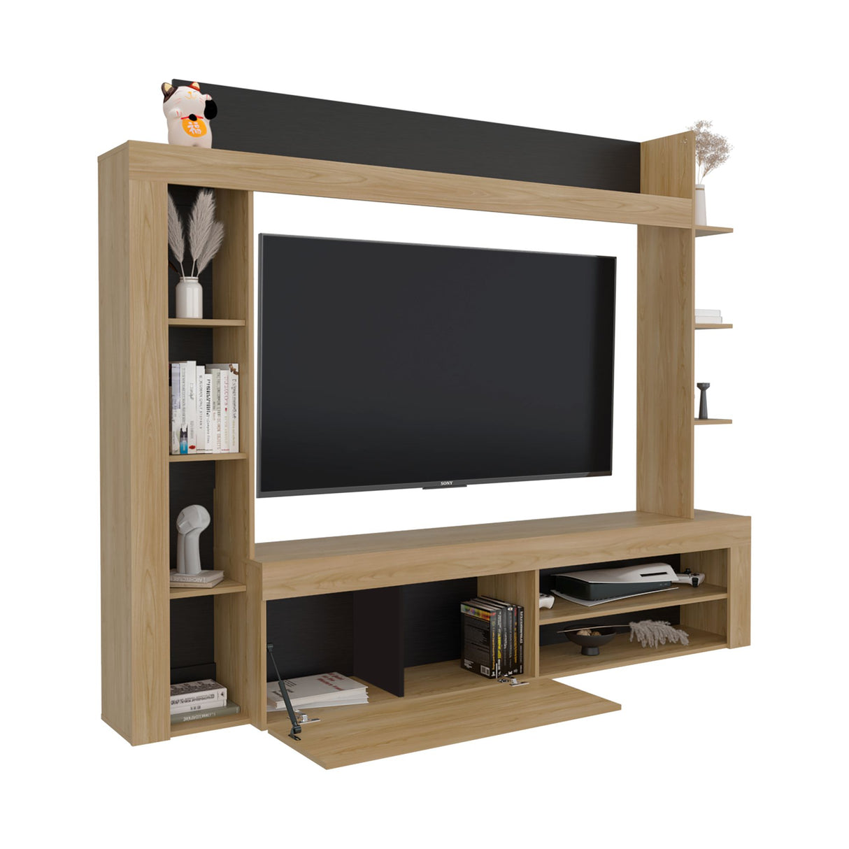 Centro de Entretenimiento Cecil Fresno Europeo y Wengue 215.8x178.1cm para TV Hasta 75 Pulgadas sin Cajones y con Ranuras para Cables - MUEBLES DE TV | Bylmo
