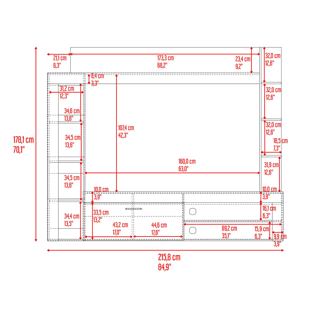 Centro de Entretenimiento Cecil Fresno Europeo y Wengue 215.8x178.1cm para TV Hasta 75 Pulgadas sin Cajones y con Ranuras para Cables - MUEBLES DE TV | Bylmo