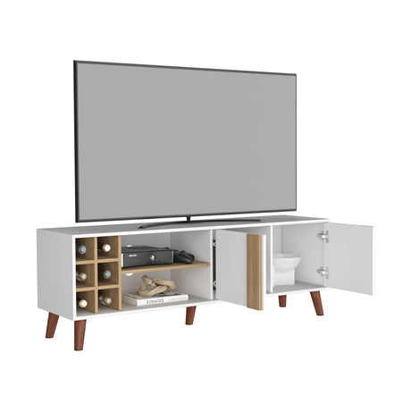 Rack de TV Lane Blanco y Fresno Europeo 160x55cm para TV Hasta 65 Pulgadas sin Cajones y con Ranuras para Cables - MUEBLES DE TV | Bylmo