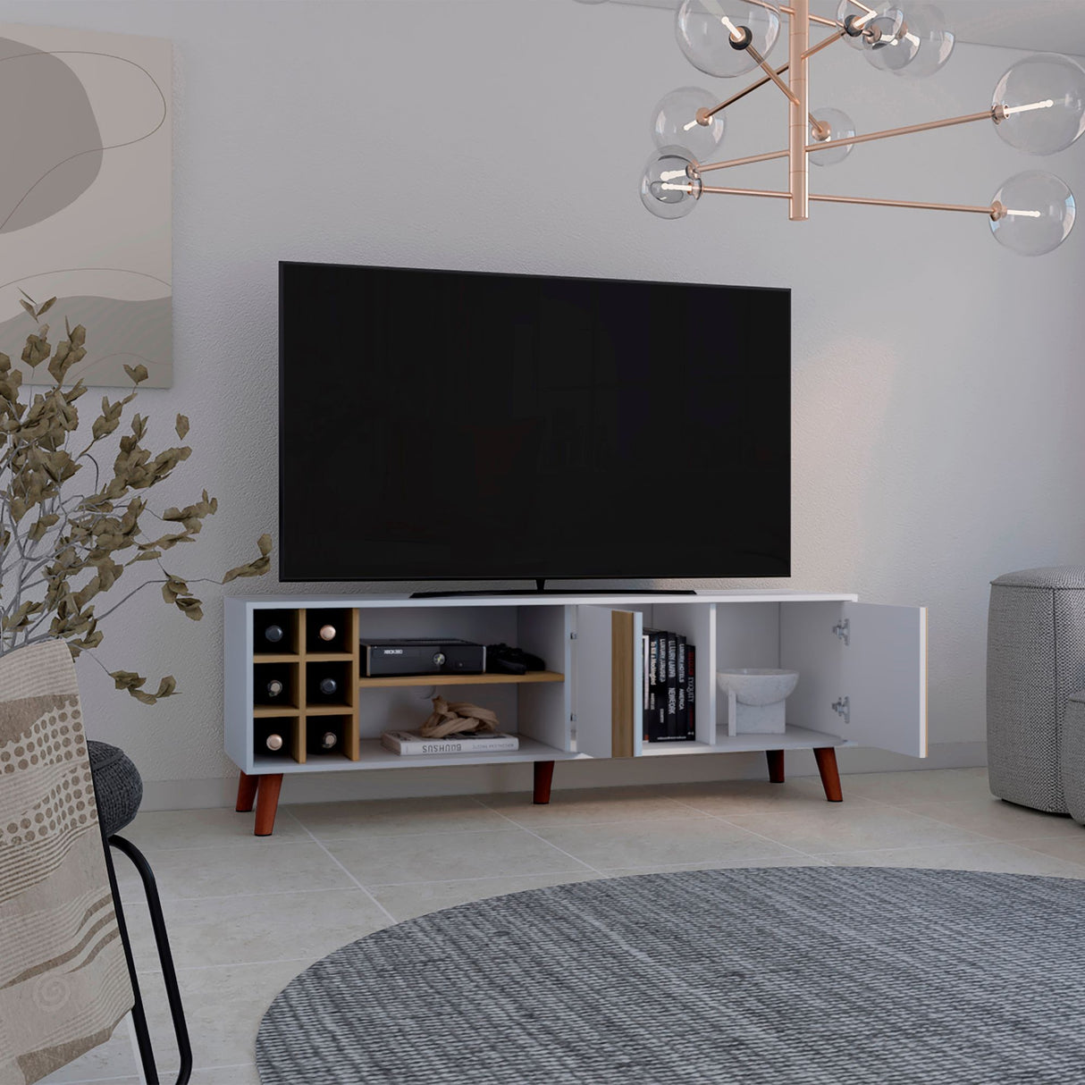 Rack de TV Lane Blanco y Fresno Europeo 160x55cm para TV Hasta 65 Pulgadas sin Cajones y con Ranuras para Cables - MUEBLES DE TV | Bylmo