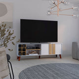Rack de TV Lane Blanco y Fresno Europeo 160x55cm para TV Hasta 65 Pulgadas sin Cajones y con Ranuras para Cables - MUEBLES DE TV | Bylmo